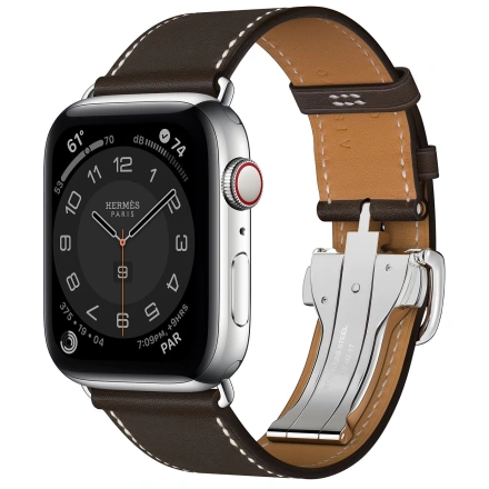 Apple Watch Hermes Series 6 GPS + Cellular 44mm Silver Stainless Steel Case with Ebene Barenia Leather Single Tour Deployment Buckle (MG3G3 + H074198CJ46)